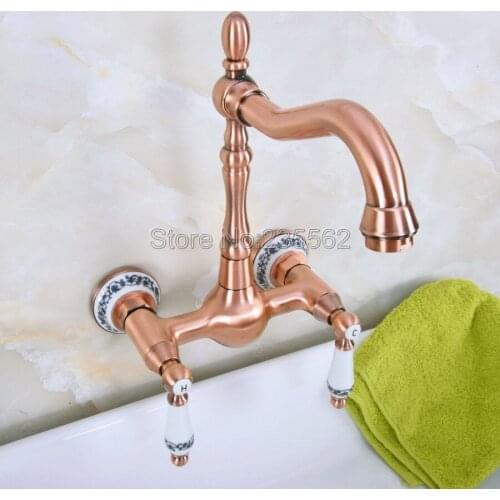 Antique Red Copper Bathroom Kitchen Sink Basin Faucet Mixer Tap Swivel Spout Wall Mounted Dual Ceramic Handles Lnf953