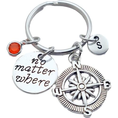 No Matter Where Compass Keychains Creative Initial Letter Monogram Birthstone Keyrings Fashion Jewelry Women Gifts Pendants