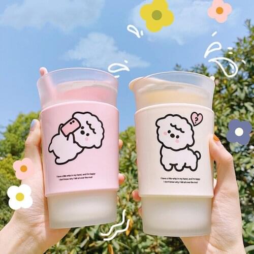 New Simple Fashion Frosted Water Cup With Spoon and Lid Coffee Milk Cup Cute Double Layer Anti Scalding Glass Cups For Girls