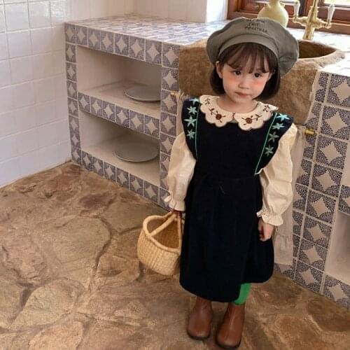 2021 Childrens Dress Autumn New Girls Vintage Embroidered Fly Sleeve Corduroy Strap Dress kids dresses for girls