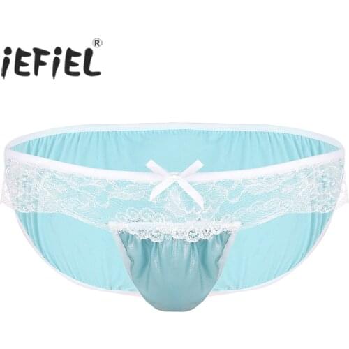 IEFiEL Mens Lingerie Soft Shiny Fabric Floral Lace Low Rise Stretchy Sissy Bikini Briefs Jockstraps Underwear Sexy Gay Panties