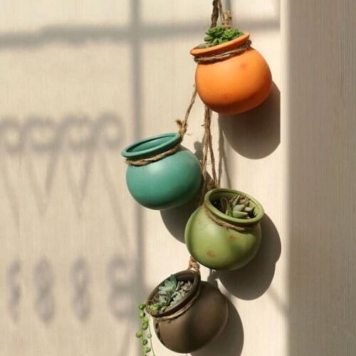 Ceramic Mini Zakka Hemp Rope Flower Pot Creative Wall Hanging Planter Succulent Plants Vase Bonsai Pots Home Garden Decor Crafts