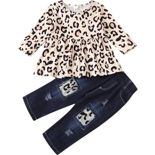 Classic leopard print girl suit Toddler Baby Kid Girls Leopard Print T-shirt Tops Pants Jeans Casual Outfits Set Small fresh M5