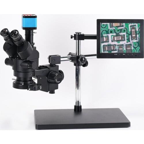 14MP Trinocular Microscope Camera Kit 7X-45X Simul-Focal Stereo Microscope 8" Monitor 144 LED Light for PCB CPU Soldering Repair