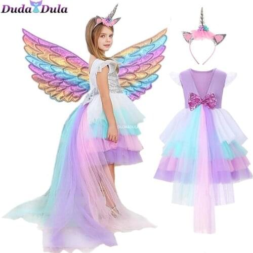 New Year Dresses 2021 Sequin Dress Unicorn Party Girl Dress with Tail Kids Princess Colorful Birthday Party Childrens Dress