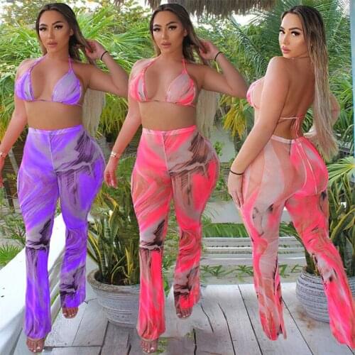 ZKYZWX Sexy Mesh Sheer Two Piece Set Backless Crop Top Bodycon Pants Summer Vacation Outfits for Women Tie Dye Matching Sets