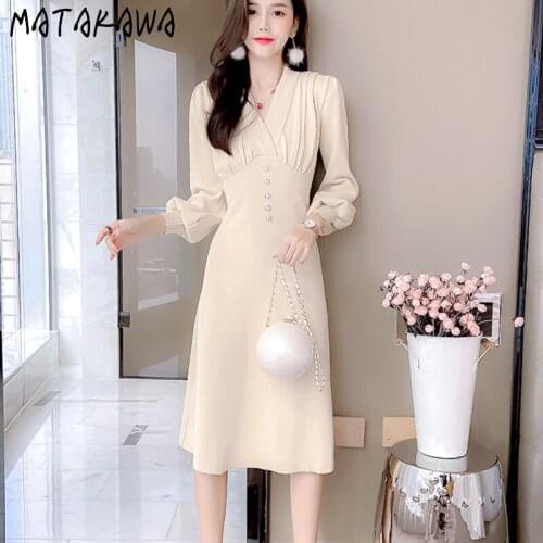 Matakawa Dresses for Women Autumn Winter Elegant High Wiast Slim Dress V Neck Lantern Sleeve Robe Solid Office Lady Vestidos