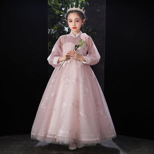 Flower Girl Dress Illusion Sequined High Pleat Luxury Pink Embroidery Princess Floor-Length Tulle Lace Full Kids Party Gown H253
