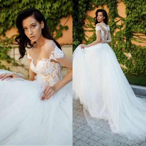 Sheer Off the Shoulder A-line Long Sleeves Wedding Dress Illusion Back Simple Bridal Dress robe princesse mariage
