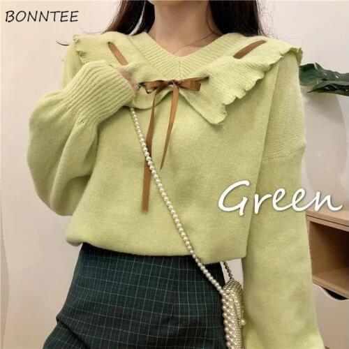 Pullovers Women Plus Size 3XL Simple Solid Lace Up Turn-down Collar Long Sleeve Knitting Sweaters Harajuku Elegant Korean Style