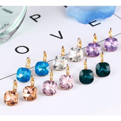 Champagne Gold Square Stud Earrings Pink Red Green Black Shiny Crystal Rhinestone Earring For Women Wedding Jewelry Gift E0257