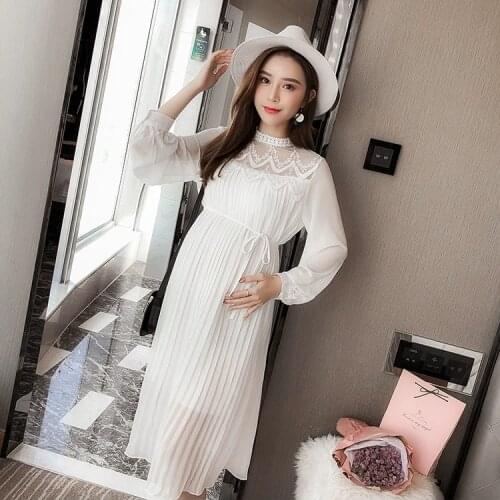 Chiffon Lace Dresses Maternity Clothes For Pregnant Women Long Sleeve Pleated Dresses Pregnancy Maternity Vestidos Spring Autumn