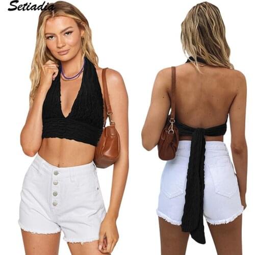 Setiadia Summer Tank Top Women Solid color Streetwear plus size XL black Sexy Backless Tops Fashion For Womens Clothing 2021