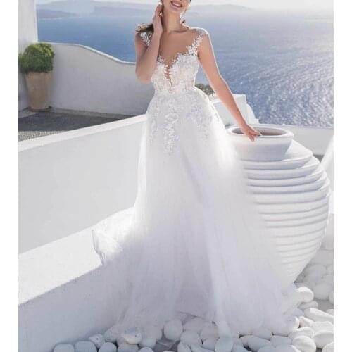 Vintage Long White Lace Wedding Dresses A-Line Illusion Back Tulle Robes De Mariée Bridal Gown For Women