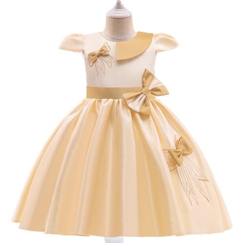4-10 Years Girls 2021 Summer Short Sleeves Bow Ball Gown Champagne Gold Clothing Kids Baby Princess Dresses Children Clothes