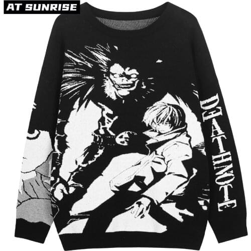 Mens Hip Hop Streetwear Harajuku Sweater Vintage Retro Japanese Style Anime Death Note Knitted Sweater Autumn Cotton Pullover