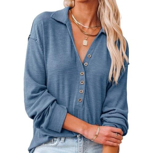 Knit Top Women Ribbed Shirt Turn-down Collar Casual Loose Tops for Women Full Sleeves Winter Sexy Button Ropa Plus Size Mujer