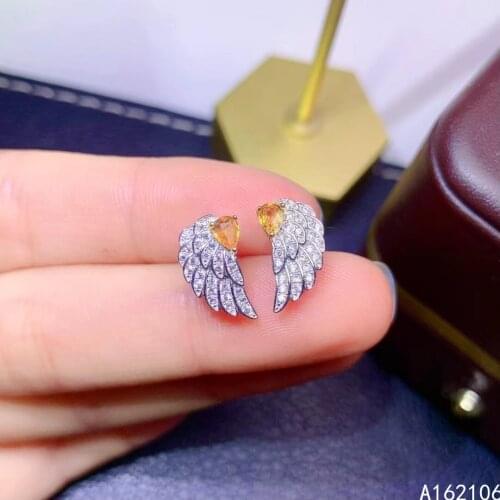 Fine Jewelry 925 Pure Silver Chinese Style Natural Yellow Sapphire Girl Luxury Popular Wing Gem Earrings Ear Stud Support Detect
