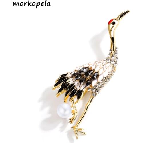 Morkopela Simulated Pearl Brooch Enamel Pins Bird Cranes Chinese Style Brooches For Women Luxury brooch Jewelry Gift