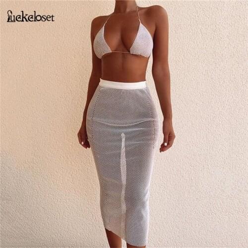 Solid Womens Flash Drill Skirt Set Sparkle Halter Backless Deep V Crop Top High Waist Pencil Skirt Set For Women Club Wear