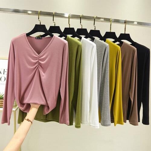 2020 New Autumn Crop Top T-Shirt Female Solid Cotton V-Neck Long Sleeve Tops for Women Slim Modal Big Size T Shirts Spring
