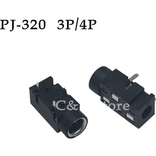 10pcs 3.5 headphone jack audio jack PJ-320 3 /4 pins female connector DIP stereo headphones PJ-320B