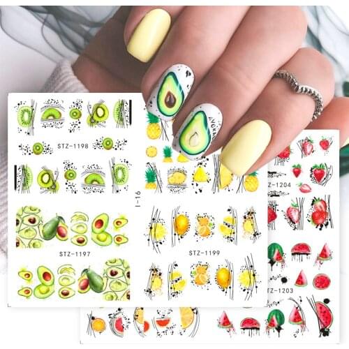 4pcs Avocado Nail Art Stickers Geometric Fruit Decals Summer Kiwi Strawberry Lemons Tattoo Nails Accessories Watermark LEI15-I17