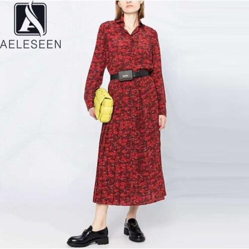 AELESEEN Runway Fashion 100% Silk Set 2021 Spring Summer Elegant Shirt +Waist Elastic Long Skirt Lips Print 2 Pieces Sets