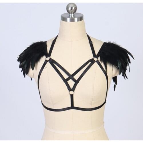 Feather Body Harness Bra Strappy Elastic Adjustable Tops Bra Gothic Plus Size