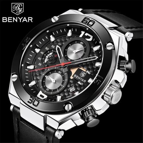 BENYAR Luxury Mens Chronograph Watches Top Brand Leather Quartz Watch Military Waterproof Wristwatch montre homme reloj hombre
