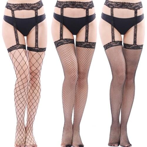 Women Sexy Mesh Stockings Lace Garter Belt Fishnet Tights Transparent Pantyhose Thigh High Ladies Nylon Fishnet Pantyhose