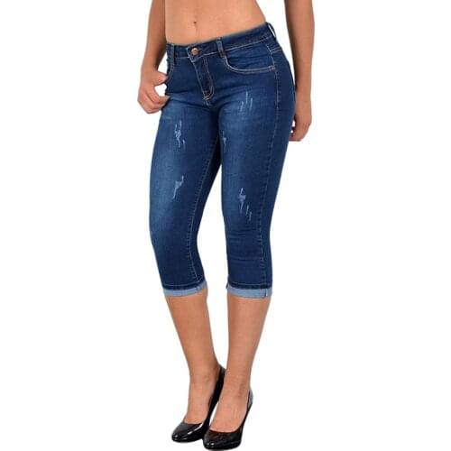 Summer Women Fashion High Waist Skinny Jeans Knee Length Denim Capri Pants