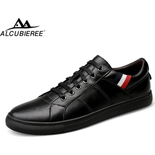 ALCUBIEREE Brand Mens Fashion Skateboard Shoes Men Genuine Leather Sneakers Men Breathable Lace Up Shoes Big Size 47 Black Shoes