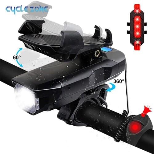 Multifunctional Bike Lights Set with 360°Rotation Bicycle Phone Mount/USB Rechargeable LED Bicycle Headlight Taillight/Bike Horn