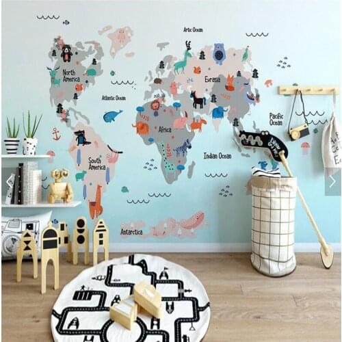 Custom 3d wallpaper mural, cartoon world animal map frescoes for living room childrens room sofa background wallpaper