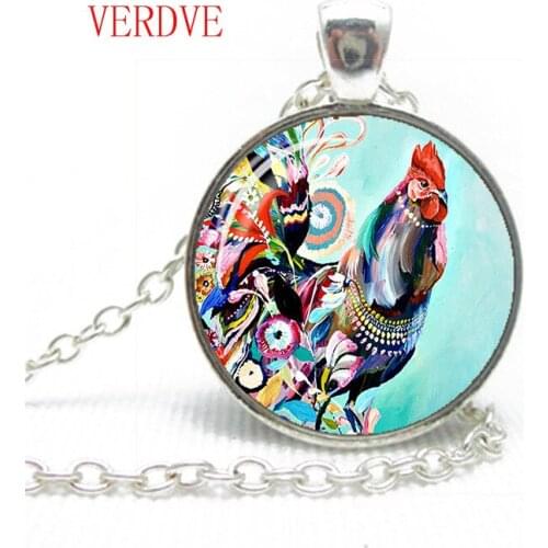Wholesale Colorful Cock Art Glass Cabochon Chain Chicken Pattern Necklace Silver Plated Animal Pendant Woman Jewelry Gift