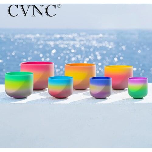 CVNC 8"-14" set of 7pcs Rainbow Chakra Frosted Quartz Crystal Singing Bowl