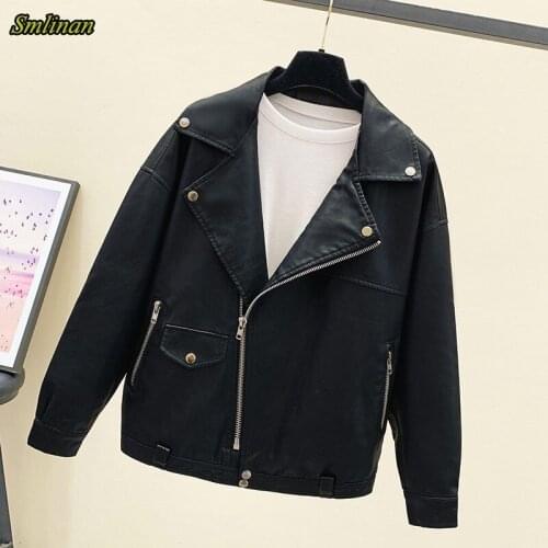 Smlinan Oversize Loose Outerwear Faux Pu Leather Womens Spring Jackets 2021 Zipper Moto Biker Large Size Short Coat Female