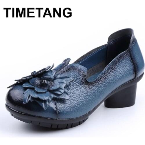 TIMETANG Spring Autumn Retro Style Handmade Shoes Women Thick With Heels Pumps Round Toe High Heels Genuine Leather Shoe