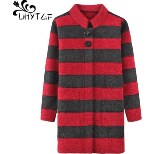 UHYTGF knitted Autumn winter trench coat womens long sleeve cardigan plus size tops fashion striped elegant Female long coat 743