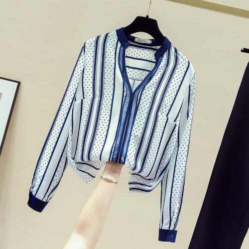 NEW 2020 Autumn Womens V Neck Long Sleeves Dot And Stripe Shirt Office Ladies All-match OL Chiffon Shirts Blouse Tops A3703