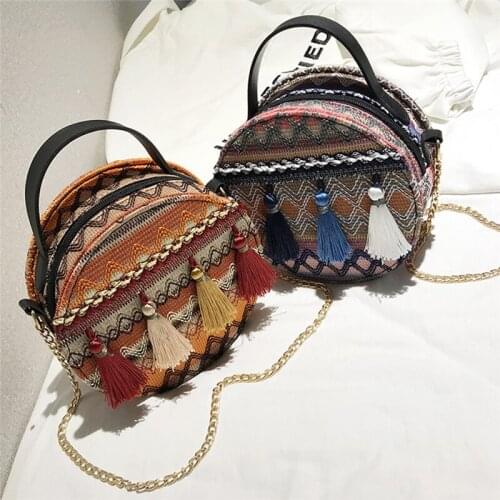 Women Shoulder Bag PU Leather Bohemian Circular Tassel Geometric Plaid Handbag Cell Phone Pocket Female Phone Purse Bag