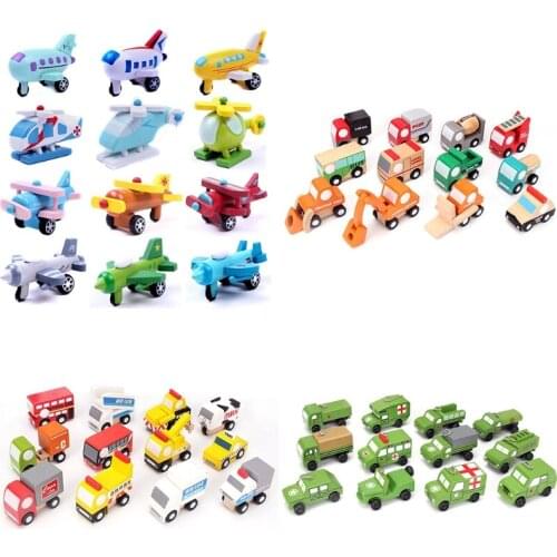 12pcs/set Wooden Mini Aircraft/Engineering Vehicles/Cars/Military Vehicles Transport Model Toy Children Birthday Gift
