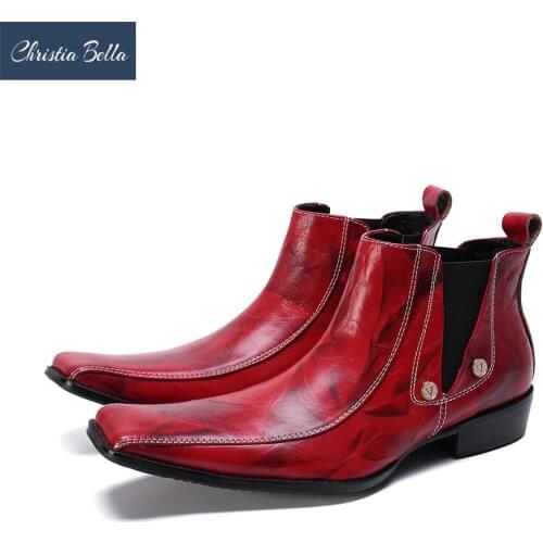 Christia Bella Printing Men Shoes Genuine Leather Boots New Fashion Simplicity Square Toe Boots Large Size Chelsea Boots