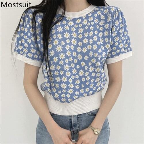 Daisy Knitted Women Sweater Pullover Summer Short Sleeve O-neck Tops Korean Vintage Elegant Fashion Ladies Jumpers Femme 2021