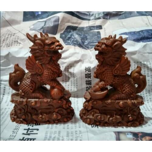 Chinese Boxwood Carving Fengshui Lion Fu Foo Dog Guardion Beast Statue Pair