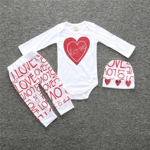 Newborn Infant Baby Girl Love Heart Romper+letter Pants+hat 3 pcs Outfits Set Clothes