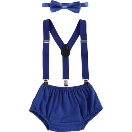 3pcs Baby Clothes Set Cake Smash Outfit Suspenders Shorts Dark Blue Cute Baby Boy and Girl Clothes for 1st Birthday Photo Shoot