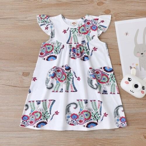 Summer Baby Girl Dress Cartoon Animal Elephant Print Flying Sleeve Kids Dresses for Girls Children Girl Dress Kids Clothes 0-5Y