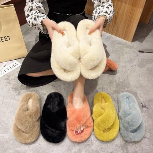 Furry Slippers Fur Slides Women Shoes Faux Fur Sliders Outside Keep Warm Shoes Woman Strap Shoes Female Flat Home Footwear